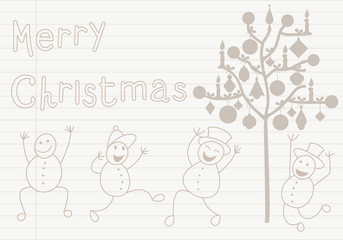 Christmas card with snowman and tree