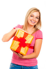 Young attractive smiling woman with gift