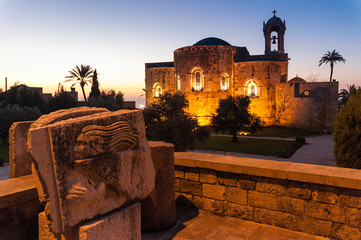 Old church and archaeological finds at sunset in Sidon, Lebanon