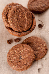 Chocolate chip cookies on a napkin burlap