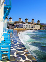 View of the famous windmills of Mykonos town, Greece - obrazy, fototapety, plakaty