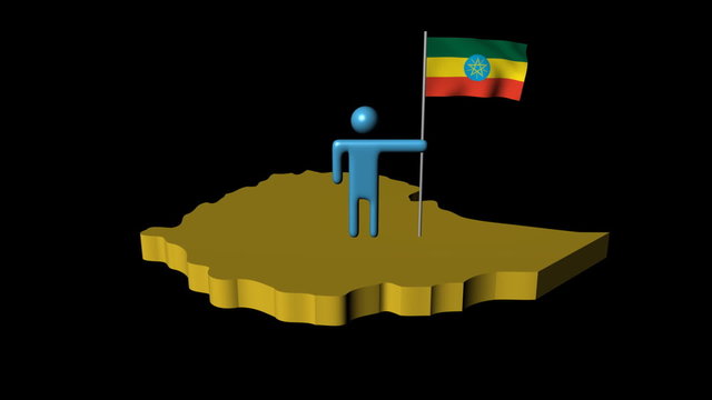 Abstract man with fluttering flag on Ethiopia map animation