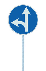 Mandatory straight or left turn ahead, traffic lane route