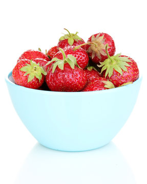 Sweet Ripe Strawberries In Glass Bowl Isolated On White