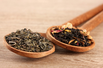 aromatic dry tea in spoons, on wooden background