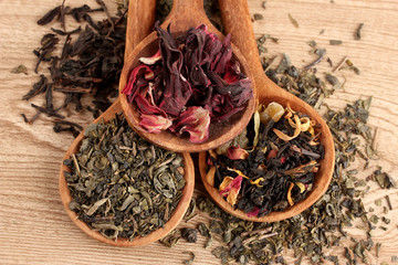 assortment of dry tea in spoons, on wooden background