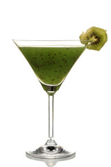 Green vegetable juice in coctail glass isolated on white