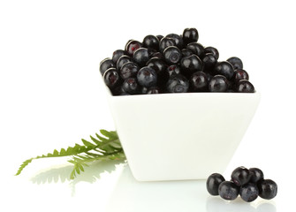 Fresh blueberries in white bowl isolated on white