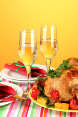 banquet table with roast chicken