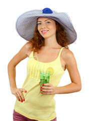 Smiling beautiful girl with beach hat and cocktail isolated