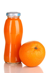 Delicious orange juice in a bottle and orange next to it