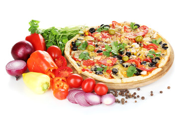 Delicious pizza with ingredients around isolated on white