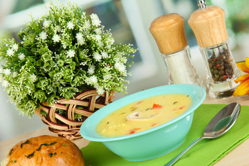 Fragrant soup in blue plate