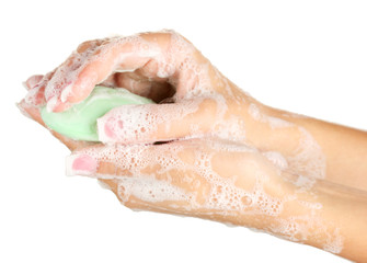 Fototapeta premium Woman's hands in soapsuds, on white background close-up