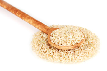 rice  in wooden  spoon isolated on white background