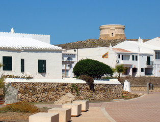 Fototapeta premium Fornells with the Martello Tower in the background, Menorca