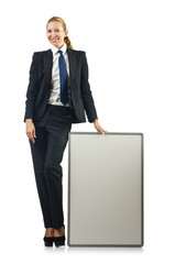 Businesswoman with blank board on white