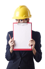 Businesswoman with helmet on white