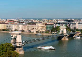 Budapest, Chain bridge with tourist boat