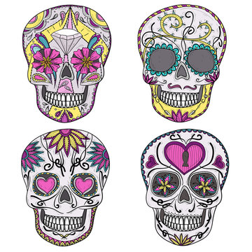 Mexican skull set. Colorful skulls with flower and heart ornamen