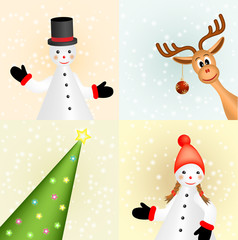 christmas greeting card with two snowman figurines, reindeer and