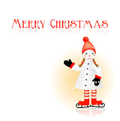 christmas greeting card with merry skating snowman