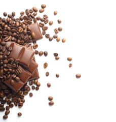chocolate and coffee beans on white