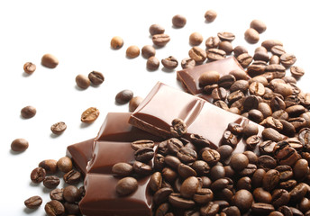 chocolate and coffee beans on white background
