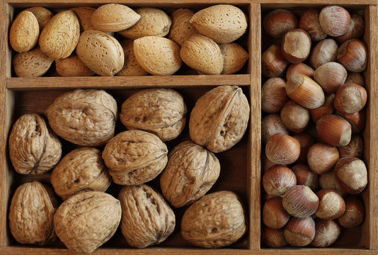 Nuts mix in a wooden box