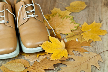 Fototapeta na wymiar skórzane buty i żółte liście