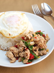 Fried basil leave with pork , thaifood