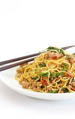 Fried noodle with basil leave