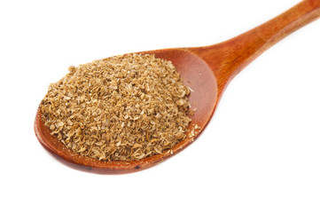 spice turmeric, coriander, cumin in wooden spoon isolated