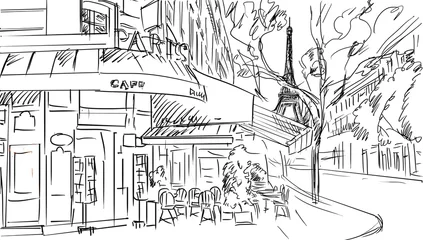 Deurstickers Illustratie Parijs Straat in Parijs - schetsillustratie