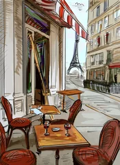 Vlies Fototapete Gezeichnetes Straßencafé Straße in Paris - Illustration