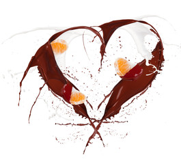 Heart symbol made of chocolate and milk splashes with mandarin