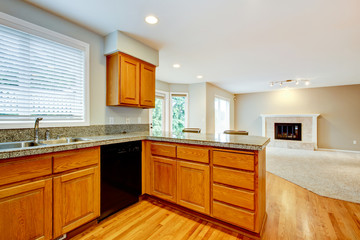 Large empty open kitchen with living room house interior.