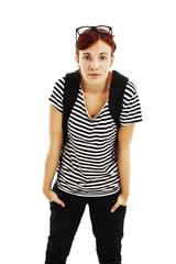 Young pretty confused student girl on white background