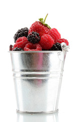 beautiful berries in bucket isolated on white