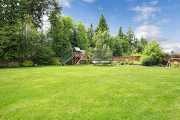 Summer fenced backyard with play ground area and trees. - 46070997