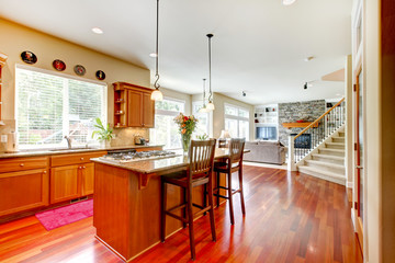 Wood luxury large kitchen, living room with red and granite.