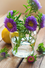 Beautiful aster flower bouquet on wooden table