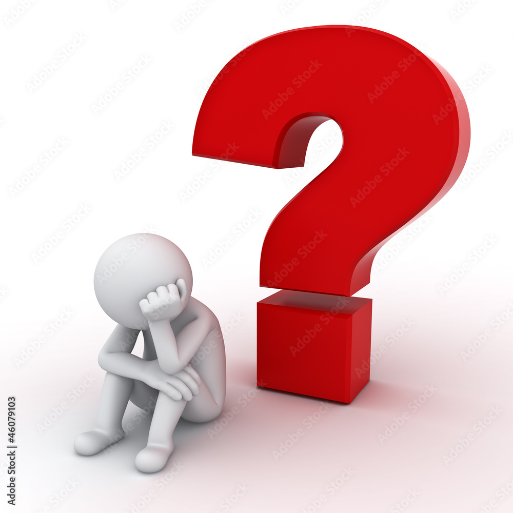 Poster 3d man sitting with red question mark over white background