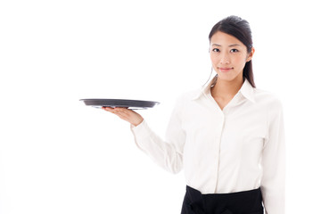 a young asian waitress on white background