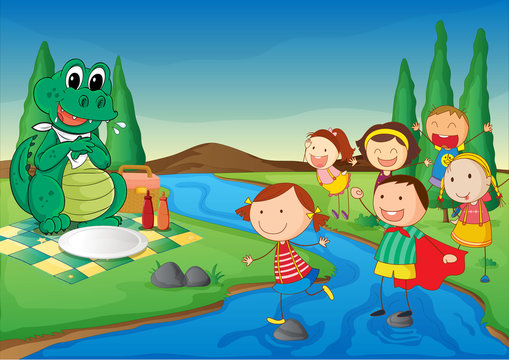 kids and crocodile at picnic