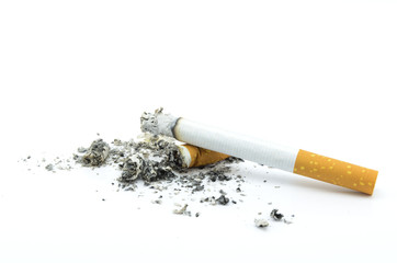 Burning cigarette with ashes isolated on white background