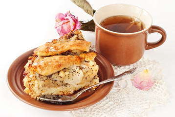 apple and pear pie with a cup of tea