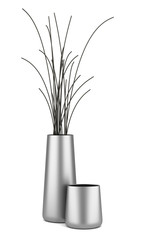 two chrome vases with dry wood isolated on white background