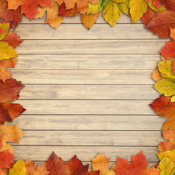 Autumn leaves over wooden