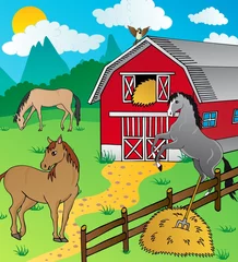 Poster Ferme Grange et chevaux